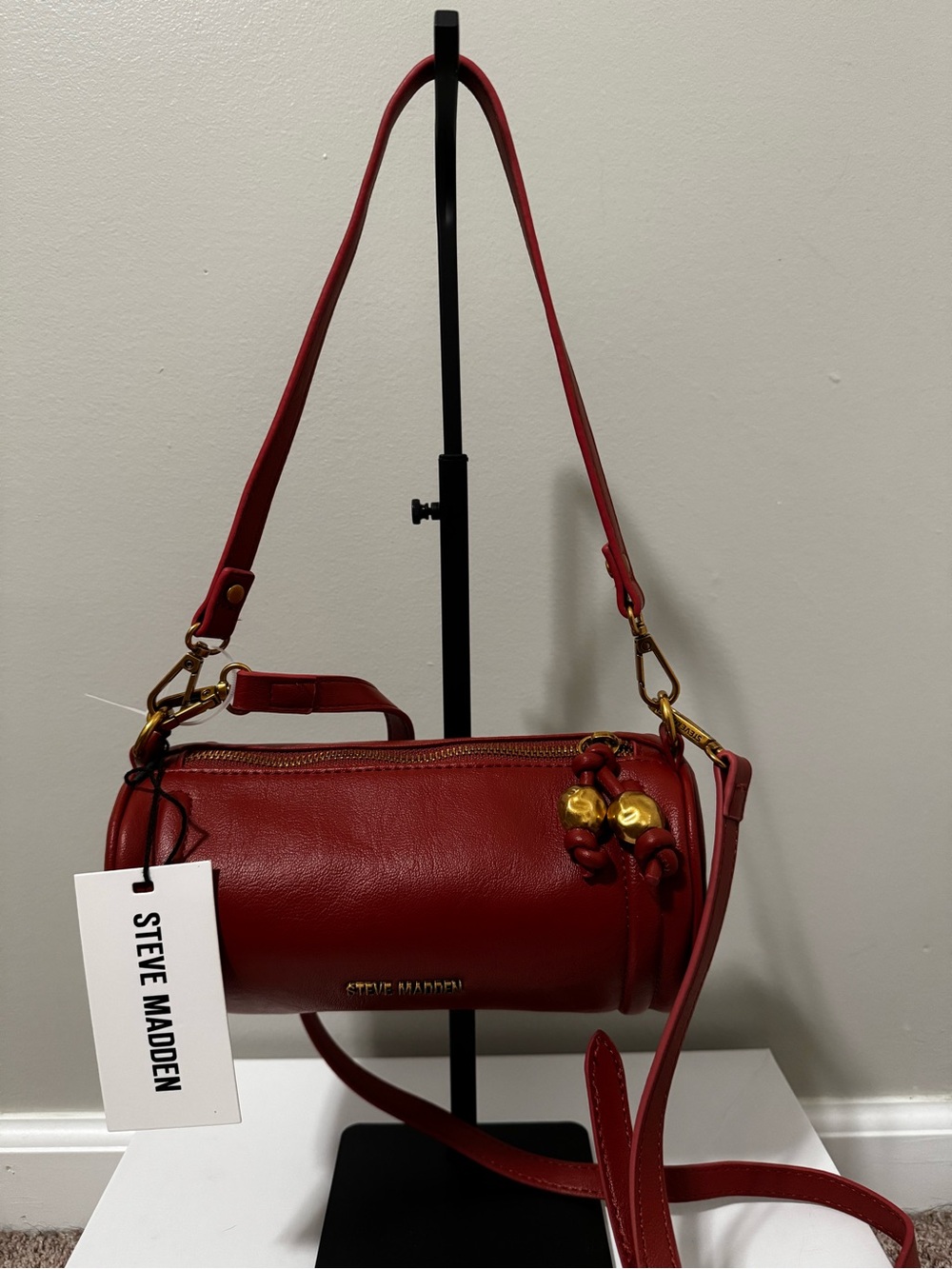 Steve Madden Reddish Brown Faux Leather Barrel Crossbody with Gold Accents